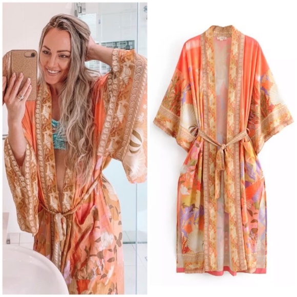 Gypsy Boho Orange Mermaid Print Kimono Cardigan Cover up - Picture 8 of 11